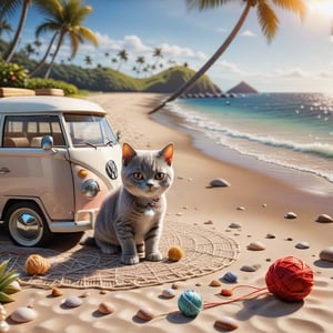 ((ultra realistic photo))  a cute British shorthaired happy Kitty playing with a little ball of yarn , CLASSIC VW CAMPER VAN, LOVELY WELL-ARRANGED CAMPING ENVIROMENT (art, DETAILED textures, pure perfection, hIgh definition), detailed beach around , tiny delicate sea-shell, little delicate starfish, sea ,(very detailed TROPICAL hawaiian BAY BACKGROUND, SEA SHORE, PALM TREES, DETAILED LANDSCAPE, COLORFUL) (GOLDEN HOUR LIGHTING), delicate coral, sand piles