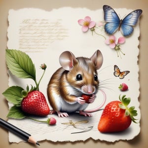 ((ultra realistic photo)), artistic sketch art, Make a little 2,5D WHITE LINE pencil sketch of a cute tiny MOUSE on an old TORN EDGE Letter , art, textures, pure perfection, high definition, LITTLE FRUITS, butterfly,strawberry, berry, DELICATE FLOWERS ,grass blades, flower petals  on the paper, little calligraphy text, little drawings, text: "mouse", text. children's picture books, ,BookScenic,ink