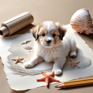 ((ultra realistic photo)), artistic sketch art, Make a pencil sketch of an adorable little FLUFFY PUPPY on an old torn edge paper, art, DETAILED textures, pure perfection, hIgh definition, detailed beach around THE PAPER, tiny delicate sea-shell, little delicate starfish, sea , delicate coral, sand pile on the paper,little calligraphy texts, delicate little drawings,