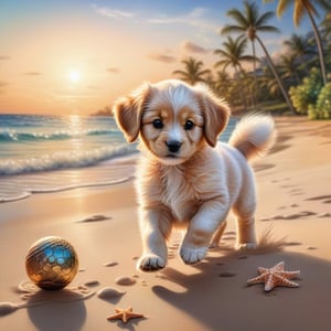 ((ultra realistic photo)), artistic sketch art, Make a DETAILED pencil sketch of a cute little FLUFFY PUPPY PLAYING WITH A BALL, (art, DETAILED textures, pure perfection, hIgh definition), detailed beach around , tiny delicate sea-shell, little delicate starfish, sea ,(very detailed TROPICAL hawaiian BAY BACKGROUND, SEA SHORE, PALM TREES, DETAILED LANDSCAPE, COLORFUL) (GOLDEN HOUR LIGHTING), delicate coral, sand piles