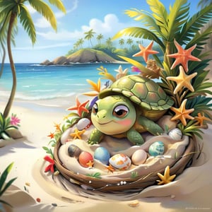 ((ultra artistic photo)), artistic sketch art, Make a DETAILED pencil sketch of  one cute TINY tropical turle baby IN THE NEST ON THE SAND (art, DETAILED textures, pure perfection, hIgh definition), detailed beach , tiny delicate sea-shell, TINY COLORFUL EGG, little delicate starfish, sea ,(very detailed TROPICAL hawaiian BAY BACKGROUND VIEW, SEA SHORE, PALM TREES, DETAILED LANDSCAPE, COLORFUL) (GOLDEN HOUR LIGHTING), delicate coral, sand piles,disordered, LegendDarkFantasy,disney style,portraitart