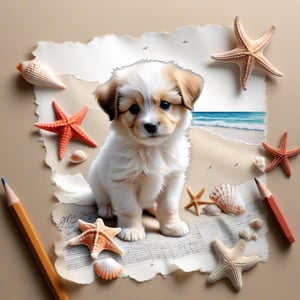 ((ultra realistic photo)), artistic sketch art, Make a pencil sketch of an adorable little FLUFFY PUPPY on an old torn edge paper, art, DETAILED textures, pure perfection, hIgh definition, detailed beach around THE PAPER, tiny delicate sea-shell, little delicate starfish, sea , delicate coral, sand pile on the paper,little calligraphy texts, delicate little drawings,