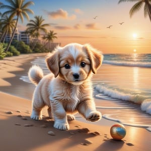 ((ultra realistic photo)), artistic sketch art, Make a DETAILED pencil sketch of a cute little FLUFFY PUPPY PLAYING WITH A BALL, (art, DETAILED textures, pure perfection, hIgh definition), detailed beach around , tiny delicate sea-shell, little delicate starfish, sea ,(very detailed TROPICAL hawaii BAY BACKGROUND, SEA SHORE, PALM TREES, DETAILED LANDSCAPE, COLORFUL) (GOLDEN HOUR LIGHTING), delicate coral, sand piles