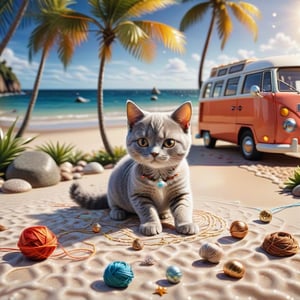 ((ultra realistic photo)) a cute British shorthaired happy Kitty playing with a little ball of yarn , CLASSIC VW CAMPER VAN, LOVELY WELL-ARRANGED CAMPING ENVIROMENT (art, DETAILED textures, pure perfection, hIgh definition), detailed beach around , tiny delicate sea-shell, little delicate starfish, sea ,(very detailed TROPICAL hawaiian BAY BACKGROUND, SEA SHORE, PALM TREES, DETAILED LANDSCAPE, COLORFUL) (GOLDEN HOUR LIGHTING), delicate coral, sand piles