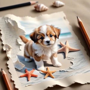 ((ultra realistic photo)), artistic sketch art, Make a pencil sketch of an adorable little FLUFFY PUPPY on an old torn edge paper, art, DETAILED textures, pure perfection, hIgh definition, detailed beach around THE PAPER, tiny delicate sea-shell,delicate starfish, sea , delicate coral, sand on the paper, little calligraphy text all over the paper, tiny delicate drawings,BookScenic