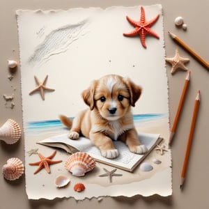 ((ultra realistic photo)), artistic sketch art, Make a pencil sketch of an adorable little FLUFFY PUPPY on an old torn edge paper, art, DETAILED textures, pure perfection, hIgh definition, detailed beach around THE PAPER, tiny delicate sea-shell, little delicate starfish, sea , delicate coral, sand pile on the paper,little calligraphy texts, delicate drawings,