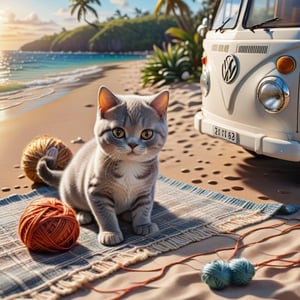 ((ultra realistic photo))  a cute British shorthaired happy Kitty playing with a little ball of yarn ON A PLAID, CLASSIC VW CAMPER VAN, LOVELY WELL-ARRANGED CAMPING ENVIROMENT (art, DETAILED textures, pure perfection, hIgh definition), detailed beach around , tiny delicate sea-shell, little delicate starfish, sea ,(very detailed TROPICAL hawaiian BAY BACKGROUND, SEA SHORE, PALM TREES, DETAILED LANDSCAPE, COLORFUL) (GOLDEN HOUR LIGHTING), delicate coral, sand piles,LegendDarkFantasy,dark,anthro