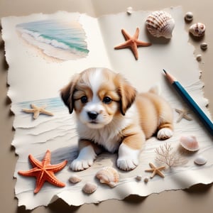((ultra realistic photo)), artistic sketch art, Make a pencil sketch of an adorable little FLUFFY PUPPY on an old torn edge paper, art, DETAILED textures, pure perfection, hIgh definition, detailed beach around, tiny delicate sea-shell, starfish, sea , delicate coral, sand on the paper, little calligraphy text all over the paper, tiny delicate drawings