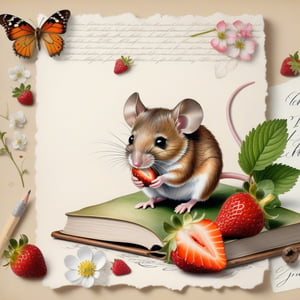 ((ultra realistic photo)), artistic sketch art, Make a little WHITE LINE pencil sketch of a cute tiny MOUSE on an old TORN EDGE Letter , art, textures, pure perfection, high definition, LITTLE FRUITS, butterfly,strawberry, berry, DELICATE FLOWERS ,grass blades, flower petals  on the paper, little calligraphy text, little drawings, text: "mouse", text. children's picture books, ,BookScenic,ink