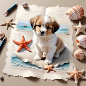 ((ultra realistic photo)), artistic sketch art, Make a pencil sketch of an adorable little FLUFFY PUPPY on an old torn edge paper, art, DETAILED textures, pure perfection, hIgh definition, detailed beach around THE PAPER, tiny delicate sea-shell, starfish, sea , delicate coral, sand pile on the paper,little calligraphy texts, tiny delicate drawings,