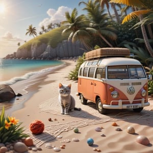 ((ultra realistic photo))  a cute British shorthaired happy Kitty playing with a little ball of yarn , CLASSIC VW CAMPER VAN in distance, LOVELY WELL-ARRANGED CAMPING ENVIROMENT (art, DETAILED textures, pure perfection, hIgh definition), detailed beach around , tiny delicate sea-shell, little delicate starfish, sea ,(very detailed TROPICAL hawaiian BAY BACKGROUND, SEA SHORE, PALM TREES, DETAILED LANDSCAPE, COLORFUL) (GOLDEN HOUR LIGHTING), delicate coral, sand piles