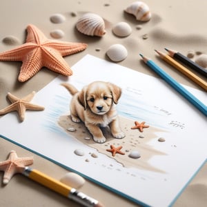 ((ultra realistic photo)), artistic sketch art, Make a pencil sketch of an adorable little FLUFFY PUPPY on a torn edge LETTER on the sand ( WITH LITTLE DRAWINGS AND  TEXTS, art, DETAILED textures, pure perfection, hIgh definition), detailed beach around THE PAPER, tiny delicate sea-shell, little delicate starfish, sea ,TROPICAL BAY, delicate coral, sand pile on the paper,little calligraphy texts, little drawings on the paper,, text: "puppy", text. ,BookScenic,art_booster