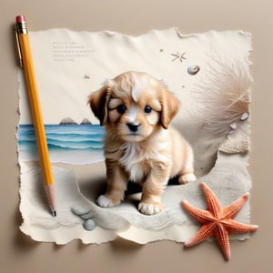 ((ultra realistic photo)), artistic sketch art, Make a pencil sketch of an adorable little FLUFFY PUPPY on an old torn edge paper, art, DETAILED textures, pure perfection, hIgh definition, detailed beach around, tiny delicate sea-shell, starfish, sea , delicate coral, sand on the paper, little calligraphy text all over the paper, tiny delicate drawings