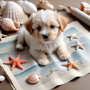  ((ultra realistic photo)), artistic sketch art, Make a pencil sketch of an adorable little FLUFFY PUPPY on an old torn edge paper, art, DETAILED textures, pure perfection, hIgh definition, detailed beach around THE PAPER, tiny delicate sea-shell, little delicate starfish, sea , delicate coral, sand pile on the paper,little calligraphy texts, some delicate drawings,