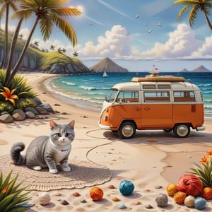 a cute British shorthaired happy Kitty playing with a little ball of yarn , CLASSIC VW CAMPER VAN in distance, LOVELY WELL-ARRANGED CAMPING ENVIROMENT (art, DETAILED textures, pure perfection, hIgh definition), detailed beach around , tiny delicate sea-shell, little delicate starfish, sea ,(very detailed TROPICAL hawaiian BAY BACKGROUND, SEA SHORE, PALM TREES, DETAILED LANDSCAPE, COLORFUL) (GOLDEN HOUR LIGHTING), delicate coral, sand piles