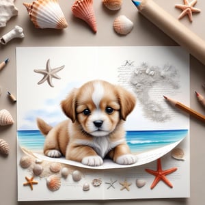 ((ultra realistic photo)), artistic sketch art, Make a pencil sketch of an adorable little FLUFFY PUPPY on a torn edge LETTER WITH LITTLE DRAWINGS AND  TEXTS, art, DETAILED textures, pure perfection, hIgh definition, detailed beach around THE PAPER, tiny delicate sea-shell, little delicate starfish, sea ,TROPICAL BAY, delicate coral, sand pile on the paper,little calligraphy texts, little drawings on the paper,, text: "puppy", text. ,BookScenic,art_booster