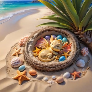 ((ultra realistic photo)), artistic sketch art, Make a DETAILED pencil sketch of a cute TINY MINIATURE CUTE sleepy BABY DRAGON SLEEPING IN THE NEST ON THE SAND (art, DETAILED textures, pure perfection, hIgh definition), detailed beach around , tiny delicate sea-shell, TINY COLORFUL EGG, little delicate starfish, sea ,(very detailed TROPICAL hawaiian BAY BACKGROUND VIEW, SEA SHORE, PALM TREES, DETAILED LANDSCAPE, COLORFUL) (GOLDEN HOUR LIGHTING), delicate coral, sand piles