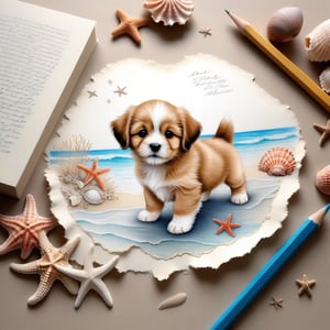 ((ultra realistic photo)), artistic sketch art, Make a pencil sketch of an adorable little FLUFFY PUPPY on an old torn edge paper, art, DETAILED textures, pure perfection, hIgh definition, detailed beach around, tiny delicate sea-shell, starfish, sea , delicate coral, sand on the paper, little calligraphy text all over, tiny delicate drawings, embossed drawings,BookScenic