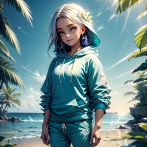 long haired cute teenager, blue eyed girl, cute nose, little eyes, perky smile, looking at far distance, slim figure (wearing a white baggy hooded sweatshirt and baggy trouser) walking along in the spring time beach with a cute puppy, little birds on the sky. fashion magazine illustration