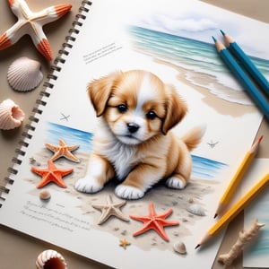 ((ultra realistic photo)), artistic sketch art, Make a pencil sketch of an adorable little FLUFFY PUPPY on a torn edge LETTER WITH LITTLE DRAWINGS AND  TEXTS, art, DETAILED textures, pure perfection, hIgh definition, detailed beach around THE PAPER, tiny delicate sea-shell, little delicate starfish, sea , delicate coral, sand pile on the paper,little calligraphy texts, little drawings on the paper,, text: "puppy", text. ,BookScenic,art_booster