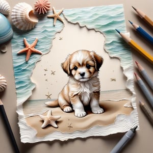 ((ultra realistic photo)), artistic sketch art, Make a pencil sketch of an adorable little FLUFFY PUPPY on an old torn edge paper, art, DETAILED textures, pure perfection, hIgh definition, detailed beach around, tiny delicate sea-shell, starfish, sea , delicate coral, sand on the paper, little calligraphy text all over, tiny delicate drawings, embossed drawings,BookScenic,ink