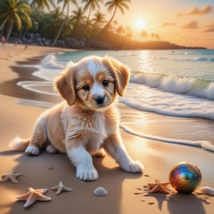 ((ultra realistic photo)), artistic sketch art, Make a DETAILED pencil sketch of a cute little FLUFFY PUPPY PLAYING WITH A BALL, (art, DETAILED textures, pure perfection, hIgh definition), detailed beach around , tiny delicate sea-shell, little delicate starfish, sea ,(very detailed TROPICAL hawaiian BAY BACKGROUND, SEA SHORE, PALM TREES, DETAILED LANDSCAPE, COLORFUL) (GOLDEN HOUR LIGHTING), delicate coral, sand piles