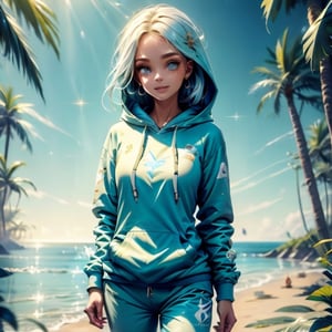 long haired cute teen, blue eyed girl, cute nose, nice little eyes, perky smile, looking at far distance, slim figure (wearing a white baggy hooded sweatshirt and baggy trouser) walking in the spring time beach with a cute puppy, little birds on the sky. fashion magazine illustration