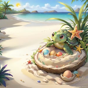 ((ultra artistic photo)), artistic sketch art, Make a DETAILED pencil sketch of a cute TINY tropical turle baby IN THE NEST ON THE SAND (art, DETAILED textures, pure perfection, hIgh definition), detailed beach , tiny delicate sea-shell, TINY COLORFUL EGG, little delicate starfish, sea ,(very detailed TROPICAL hawaiian BAY BACKGROUND VIEW, SEA SHORE, PALM TREES, DETAILED LANDSCAPE, COLORFUL) (GOLDEN HOUR LIGHTING), delicate coral, sand piles,disordered, LegendDarkFantasy,disney style