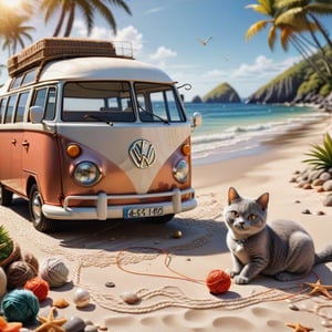 ((ultra realistic photo))  a cute British shorthaired happy Kitty playing with a little ball of yarn , CLASSIC VW CAMPER VAN, LOVELY WELL-ARRANGED CAMPING ENVIROMENT (art, DETAILED textures, pure perfection, hIgh definition), detailed beach around , tiny delicate sea-shell, little delicate starfish, sea ,(very detailed TROPICAL hawaiian BAY BACKGROUND, SEA SHORE, PALM TREES, DETAILED LANDSCAPE, COLORFUL) (GOLDEN HOUR LIGHTING), delicate coral, sand piles,LegendDarkFantasy,dark,anthro