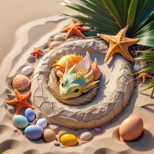 ((ultra realistic photo)), artistic sketch art, Make a DETAILED pencil sketch of a cute TINY MINIATURE CUTE SLEEPY BABY DRAGON SLEEPING IN THE NEST ON THE SAND (art, DETAILED textures, pure perfection, hIgh definition), detailed beach around , tiny delicate sea-shell, TINY COLORFUL EGG, little delicate starfish, sea ,(very detailed TROPICAL hawaiian BAY BACKGROUND, SEA SHORE, PALM TREES, DETAILED LANDSCAPE, COLORFUL) (GOLDEN HOUR LIGHTING), delicate coral, sand piles