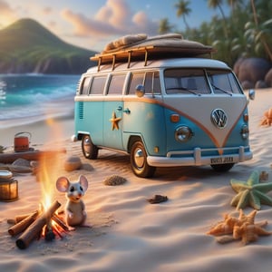a cute little PIXAR MOUSE SITTING WITH A CAMP FIRE ON A PLAID, IN FRONT OF THE CLASSIC VW CAMPER VAN, CAMPING ENVIROMENT NEXT TO THE VAN (art, DETAILED textures, pure perfection, hIgh definition), detailed beach around , tiny delicate sea-shell, little delicate starfish, sea ,(very detailed TROPICAL hawaiian BAY BACKGROUND, SEA SHORE, PALM TREES, DETAILED LANDSCAPE, COLORFUL) (GOLDEN HOUR LIGHTING), delicate coral, sand piles,Cartoon