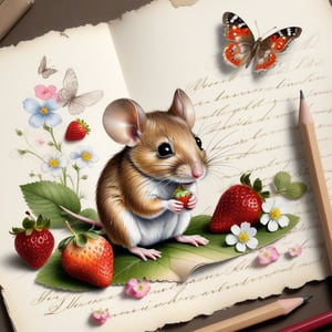 ((ultra realistic photo)), artistic sketch art, Make a little 2,5D WHITE LINE pencil sketch of a cute tiny MOUSE on an old TORN EDGE Letter , art, textures, pure perfection, high definition, LITTLE FRUITS, butterfly,strawberry,berry, DELICATE FLOWERS ,grass blades, flower petals  on the paper, little calligraphy text, little drawings, text: "mouse", text. 
