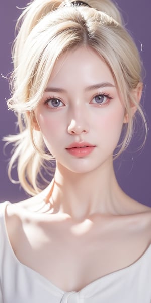 1girl, ponytail ,white hair, purple eyes, collarbone, flowers and petals, (portrait), (illustration:1.1), (perfect details:1.1), abrstact_background, rose, daisy, masterpiece,,Korean,Japanese,perfect light