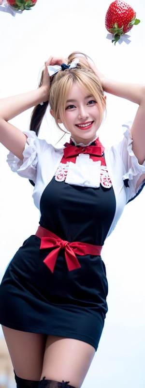 1 girl, solo, long hair, looking at viewer, simple background, blushing, smiling, mouth open, bangs, blue eyes, blonde hair, dress, ribbon, bow, holding, pigtails, blue eyes, hair ribbon, short sleeves, :d, hair ribbon, frills, food, puffy sleeves, apron, arms up, puffy short sleeves, fruit, nude, naked, nipples,girl, rabbit, strawberry, giant fork, ,Korean,idol