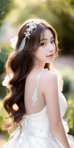 1girl, wavy hair, 1:3 body length portrait, (RAW photo, best quality), sharp and bright, el_v1,pp_v3, face front,looking up, bridal_hairstyle, korean