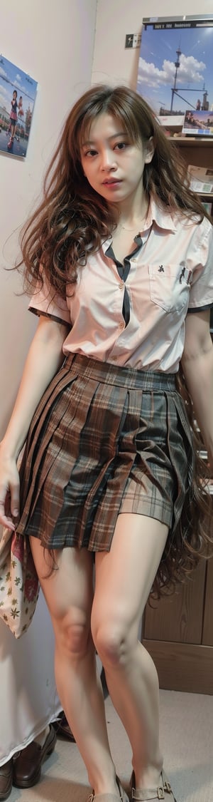 (((masterpiece))), (((best quality))), Best picture quality, high resolution, 8k, realistic, sharp focus, realistic image of elegant lady, Korean beauty, supermodel, girl, standing, wearing short-sleeved school uniform, dark-colored skirt, pleated skirt with tartan pattern,  black student shoes,  detailed face, (blush:1.0) ,More Detail,kao6