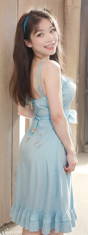 A serene masterpiece of a young girl radiates confidence and beauty, her bright smile directly engaging the viewer as she gazes forth. Her raven tresses cascade down her back, framing her striking features and cascading bangs. The curves of her physique are accentuated by the flowing blue rose dress, its delicate petals scattered across the background like a soft, ethereal mist..,Masterpiece, perfect light,kao5