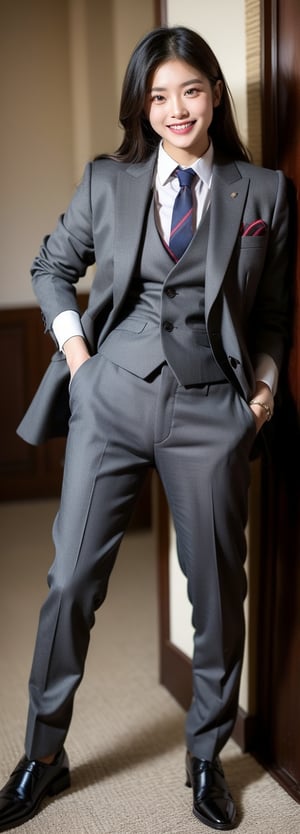 a asian beauty, perfect light, Instagram influencer, black long hair, glossy juicy lips, black eyes, grin, wearing British-style grey suit and waistcoat, paired with long trousers and a necktie, exuding elegance, full body