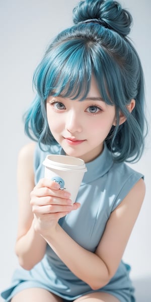 1girl, light blue hair, blue eyes, long hair, cute dress, elegant bun hairstyle, tender gaze, warmly facial expression, white background, holding a coffee cup, she’s a noblewoman. she is sitting. ((Chibi character)),Korean,Japanese,perfect light