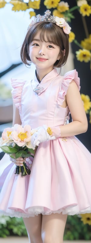 Masterpiece, Simple Background, (((Flowers in Background: 1.7))), 1girl, antenna_hair, , bangs, brown_hair, crown, dress, eyebrows_visible_through_hair, gloves, green_eyes,  short_hair, sleeveless, smile, standing, white_dress, white_gloves
,perfect light,Beauty,kinomoto sakura,Korean