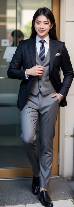 a asian beauty, perfect light, Instagram influencer, black long hair, glossy juicy lips, black eyes, grin, wearing British-style grey suit and waistcoat, paired with long trousers and a necktie, exuding elegance, full body