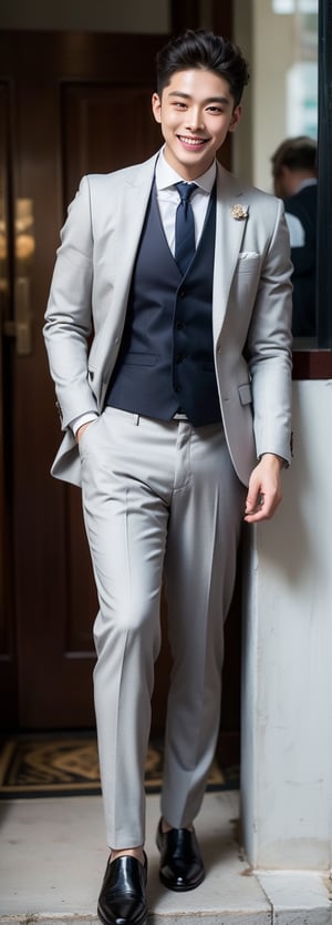 a asian beauty, perfect light, Instagram influencer, black short hair, glossy juicy lips, black eyes, grin, wearing white British-style grey suit and waistcoat, paired with long trousers and a necktie, exuding elegance, full body