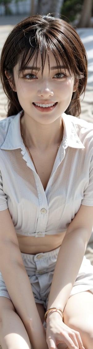 masterpiece, illustration, best detailed, Clear picture, 8K,1girl,  seated on the beach. grin, makeup. a white button-down shirt,a red lips,yama2