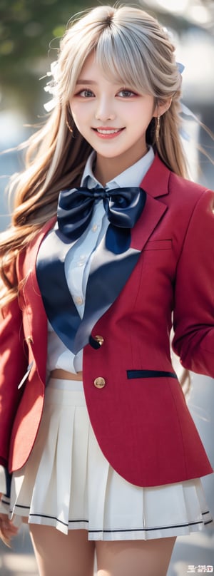 masterpiece, best quality, highres, 1girl, solo, long hair, blonde hair, hair ribbon, bangs, black eyes, red bowtie, collared shirt, blazer, red jacket, long sleeves, long pleated skirt, white skirt, standing, cowboy shot, outdoors, smile, wink, idol,korean ,beauty,pretty girl,Beauty,Korean