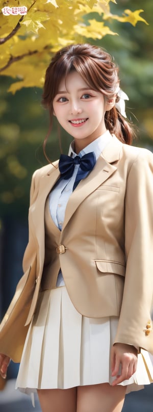 masterpiece, best quality, highres, 1girl, solo, long hair, blonde hair, hair ribbon, bangs, black eyes, red bowtie, collared shirt, blazer, red jacket, long sleeves, long pleated skirt, white skirt, standing, cowboy shot, outdoors, smile, mild close eyes, idol,korean ,beauty,pretty girl,Beauty,Korean