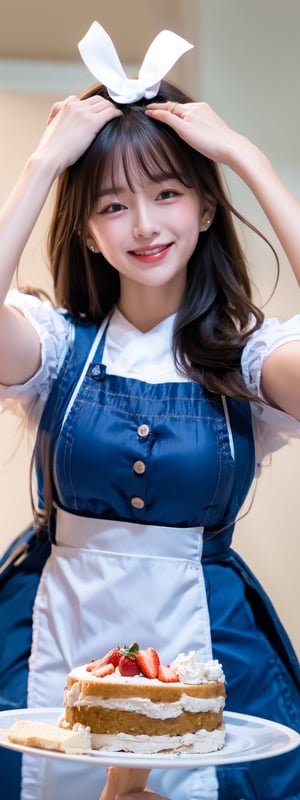 1 girl, solo, long hair, looking at viewer, simple background, blushing, smiling, mouth open, bangs, blue eyes, blonde hair, dress, ribbon, bow, holding, pigtails, blue eyes, hair ribbon, short sleeves, :d, hair ribbon, frills, food, puffy sleeves, apron, arms up, puffy short sleeves, fruit, blue dress, animals, blue ribbon, frilly dress, white apron, plate, cake, frilly apron, mini girl, rabbit, strawberry, giant fork, ,Korean