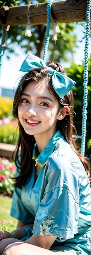 a young blonde asian beauty,long brown hair,bow on head,beautiful detailed eyes,beautiful detailed lips,long eyelashes,soft facial features, cute smile, looking at, flower garden background, sitting on a swing, vibrant colors,pleasant lighting,artistic rendering,perfect light