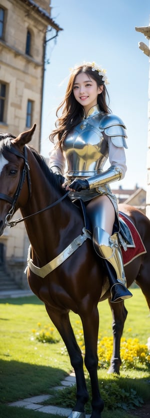 masterpiece, best quality, absurdres, perfect anatomy, 1girl, solo, long hair, hair flower, gloves, armor, breastplate, bodysuit, pelvic curtain, standing, smile, outdoors,riding a war horse, medieval city, castle in background,,perfect light   , ,beauty,Beauty