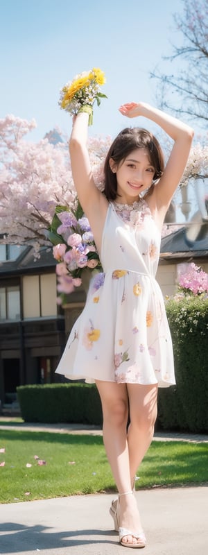 full body shot,Masterpiece, Simple Background, (((Flowers in Background: 1.7))), 1girl, antenna_hair, arms_up, bangs, brown_hair, crown, dress, eyebrows_visible_through_hair, gloves, green_eyes, kinomoto_sakura, short_hair, sleeveless, smile, standing, white_dress, white_gloves
,perfect light,Beauty