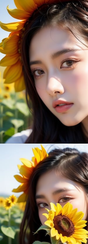  A beautiful asian beauty, Sunflower field. Best Quality, Crazy Details and Sharp Focus, Masterpiece, Professional, Award Winning, Fine Detail, High Detail, UHD, 64k,, perfect light